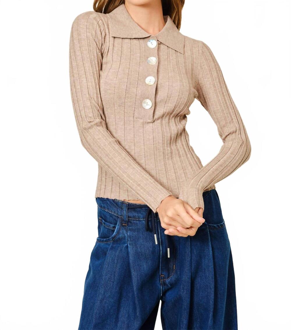 NEW AARON & AMBER ribbed knit polo top in taupe